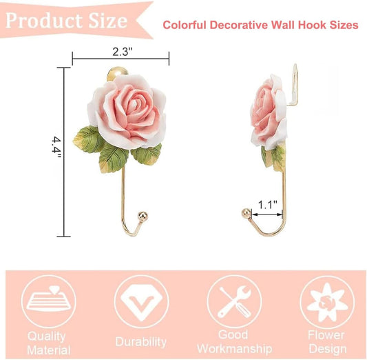 3 Pack Pink Flower Decorative Hooks for Hanging Things, Resin Floral