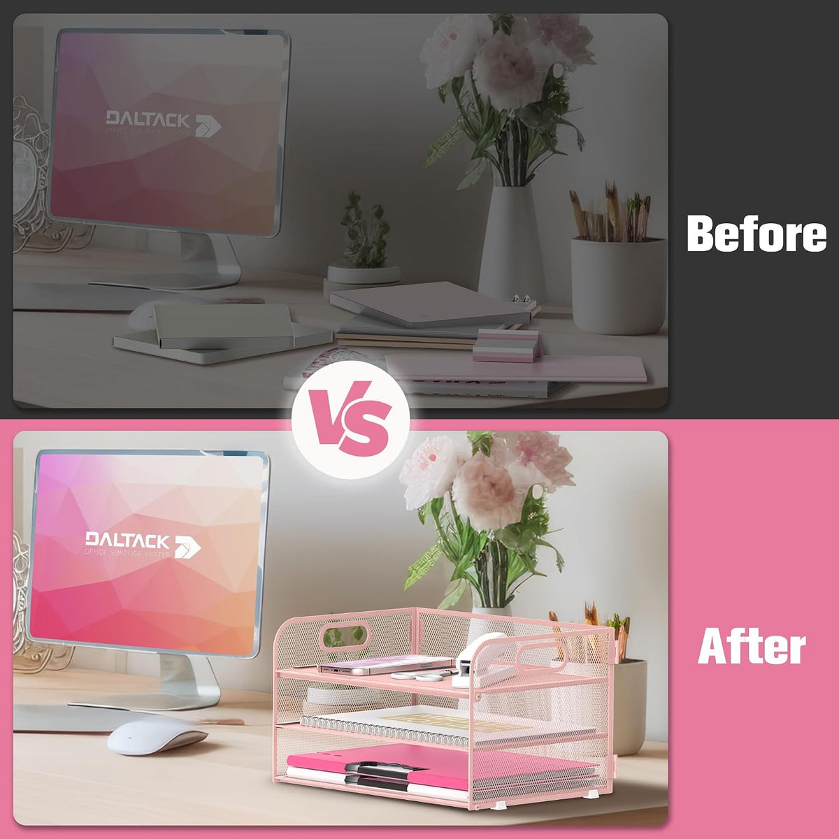 3 Tier Paper Organizer for Desk, Sliding Paper Trays, Pink