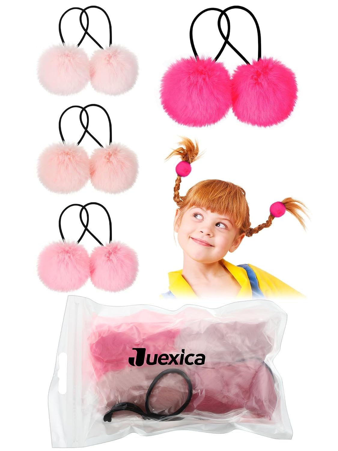 8 Pcs Fluffy Elastic Ball Hair Accessories - Pom Pom Scrunchies in 4 Colors (Pink Series) for Girls, Toddlers and Christmas