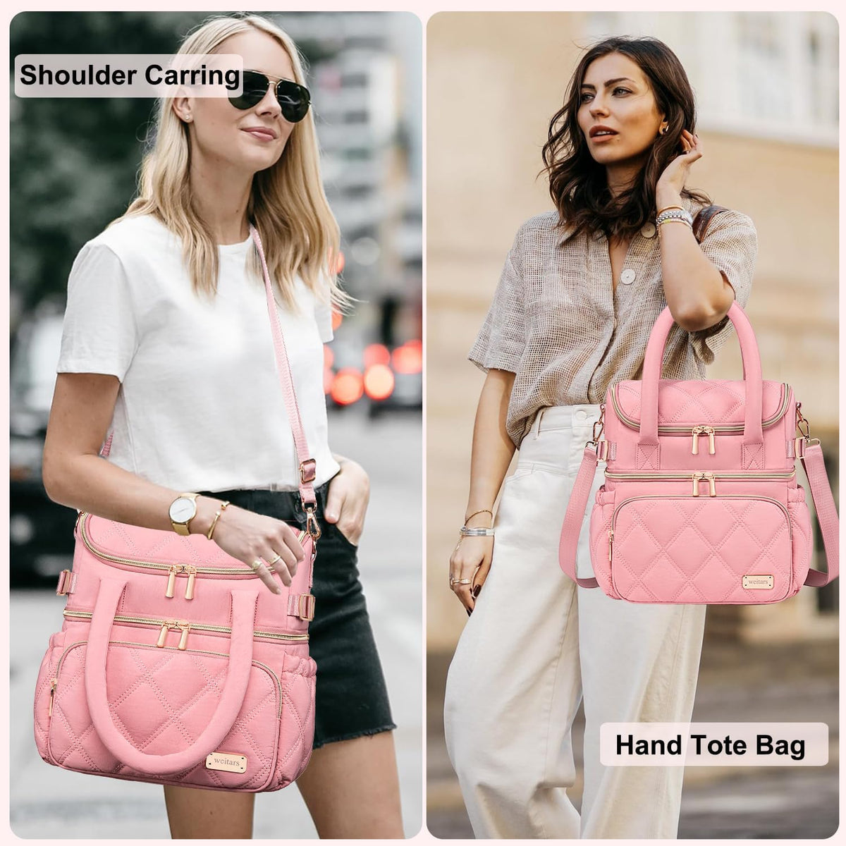 Lunch Bag for Women Men,Double Deck Lunch Box for Women,Quilted Lunch Tote for Work,Insulated Lunch Cooler Leakproof Lunchbox for Adult with Shoulder Strap &Pockets for Picnic Hiking (Pink)