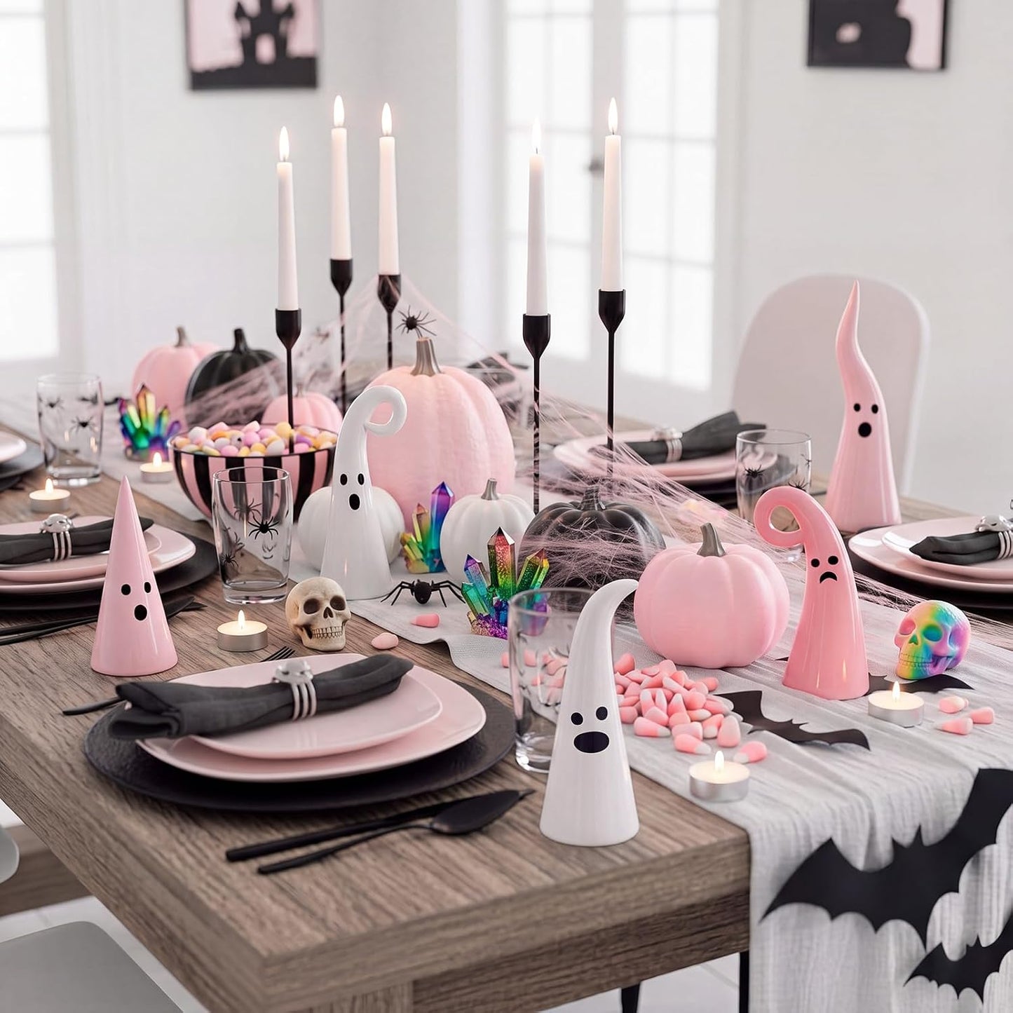 5 Pcs Pink Halloween Ceramic Ghost Decor, Rustic Witch Hat Shape