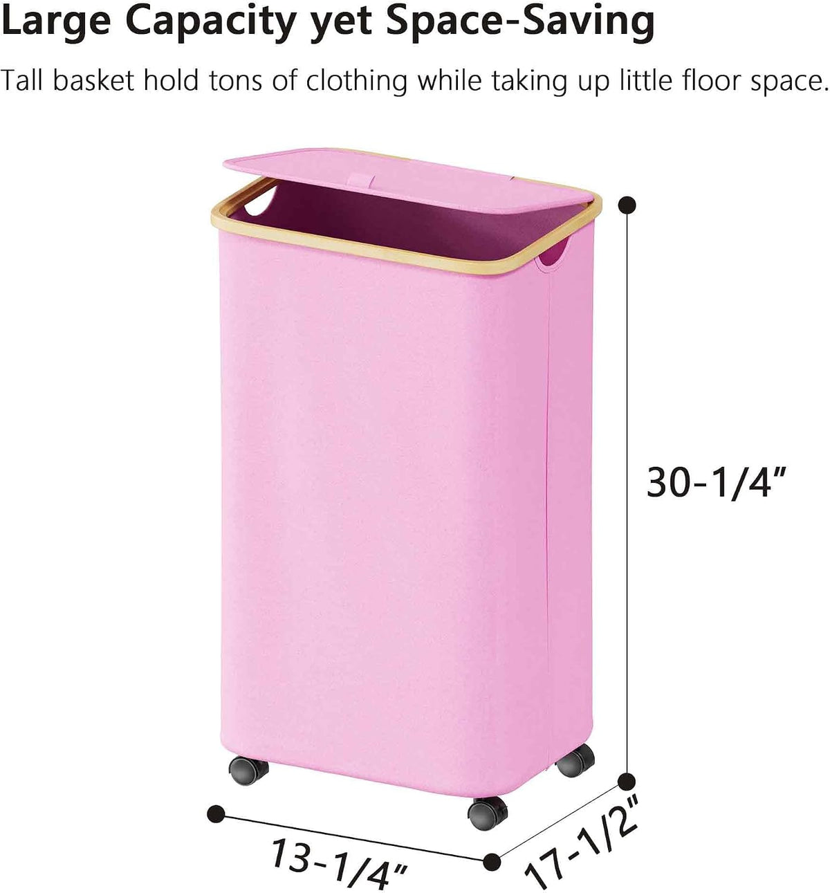 Laundry Hamper on Wheels 100L, Clothes Basket with Lid and Bamboo Handles, Foldable Laundry Hamper for Bedroom, Bathroom, Dorm, Laundry Room - Pink