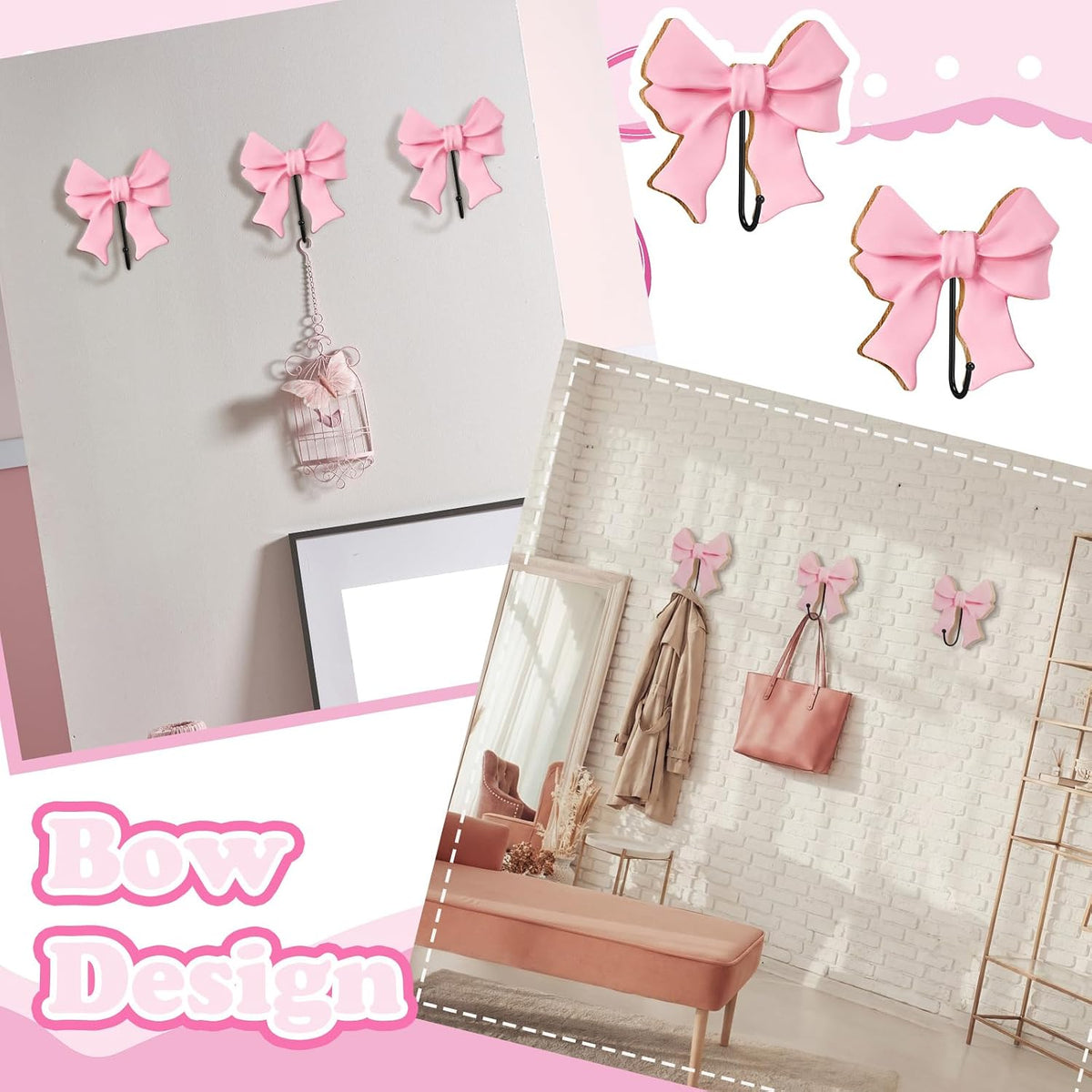 3 Pcs Pink Bow Coat Hooks Large Wooden Bow Coat Hook 5 Inch Coquette Decorative Metal Holder Pink Wall-Mounted Hanger for Bathroom Living Room Hanging Towels Coats Bags Keys