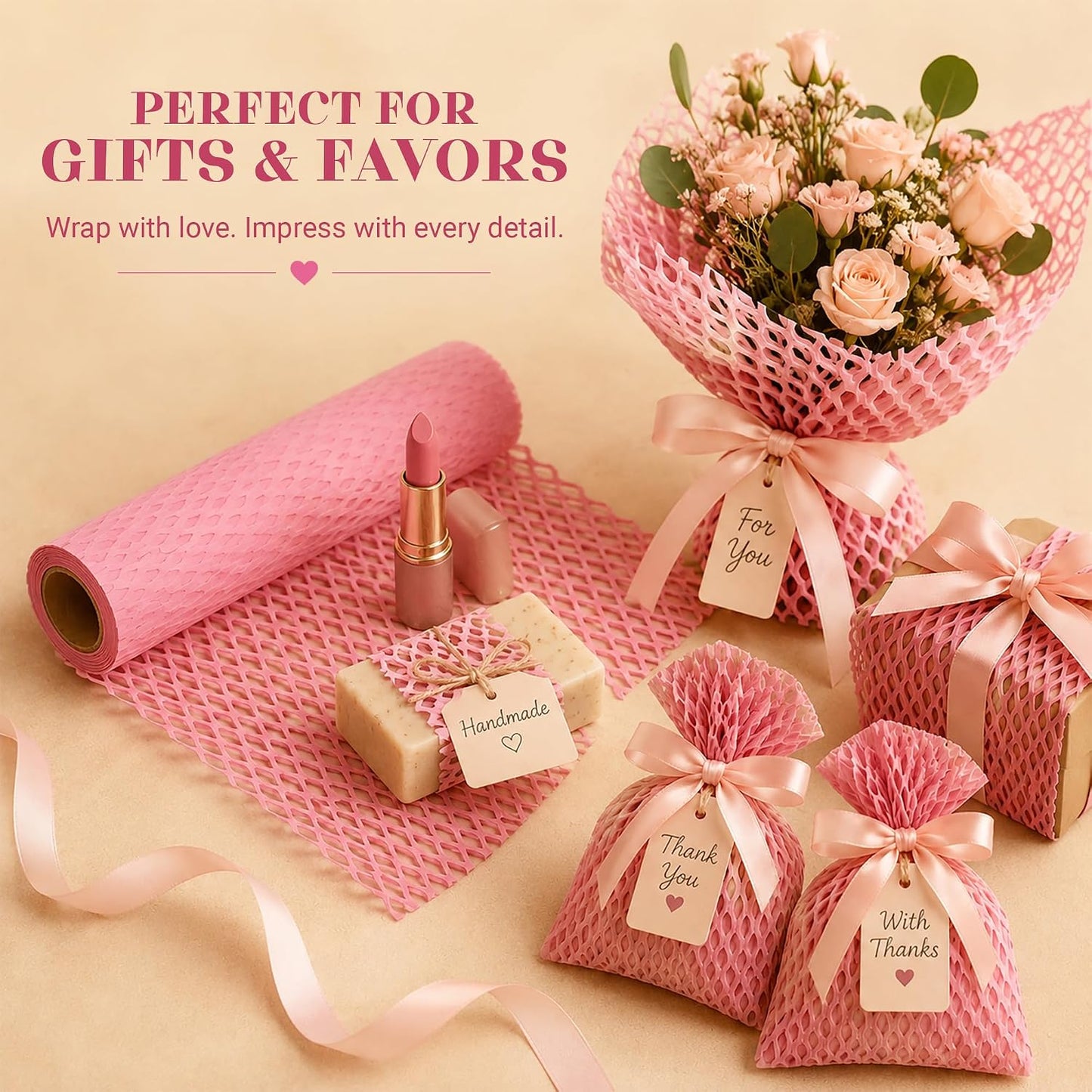 Pink Honeycomb Packing Paper for Gift Wrap & Box Filler 12" x 200' | For gift makers, boutiques and small shops, pink paper wrap expands to 320' for gift boxes, fillers and favors.