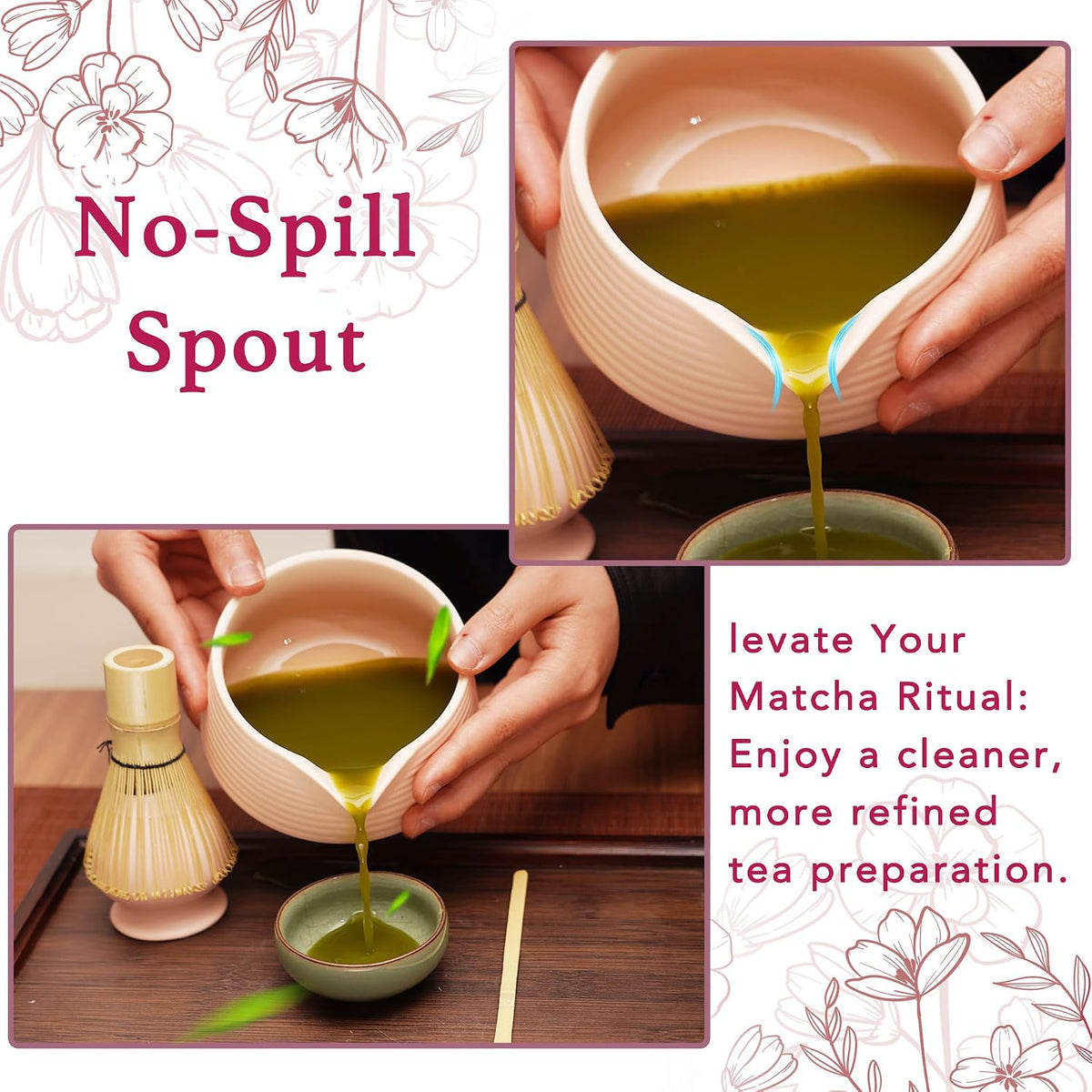Matcha Set - 4-Piece Matcha Whisk Set Includes Matcha Bowl with Spout, Matcha Whisk, Scoop & Holder, Ideal for Matcha Tea Ceremony & Matcha Latte (Matte Pink)