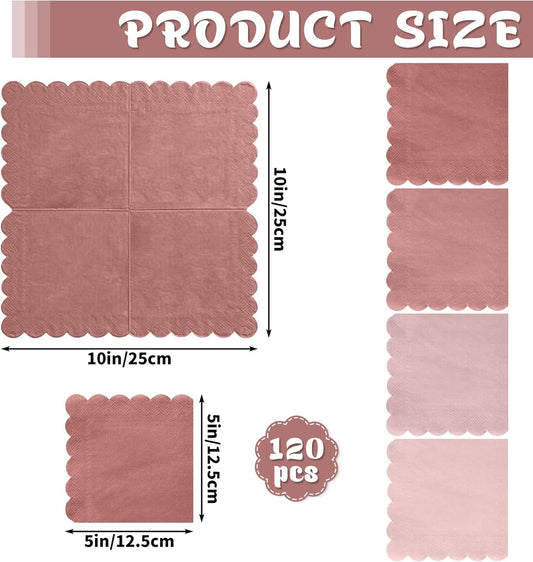 120 Pack Dusty Pink Napkins, 5 x 5 Inch Gradient Pink Cocktail Napkin Scalloped Beverage Dessert Napkin for Dinner Wedding Baby Shower Bridal Anniversary Reception