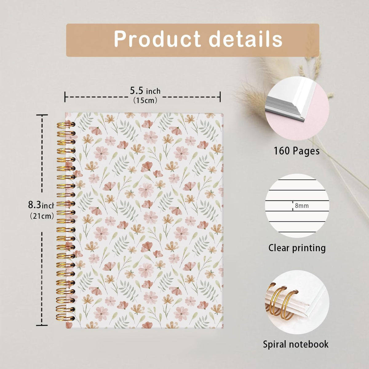 Cute Spiral Notebook Journal for Women,Floral Notebook