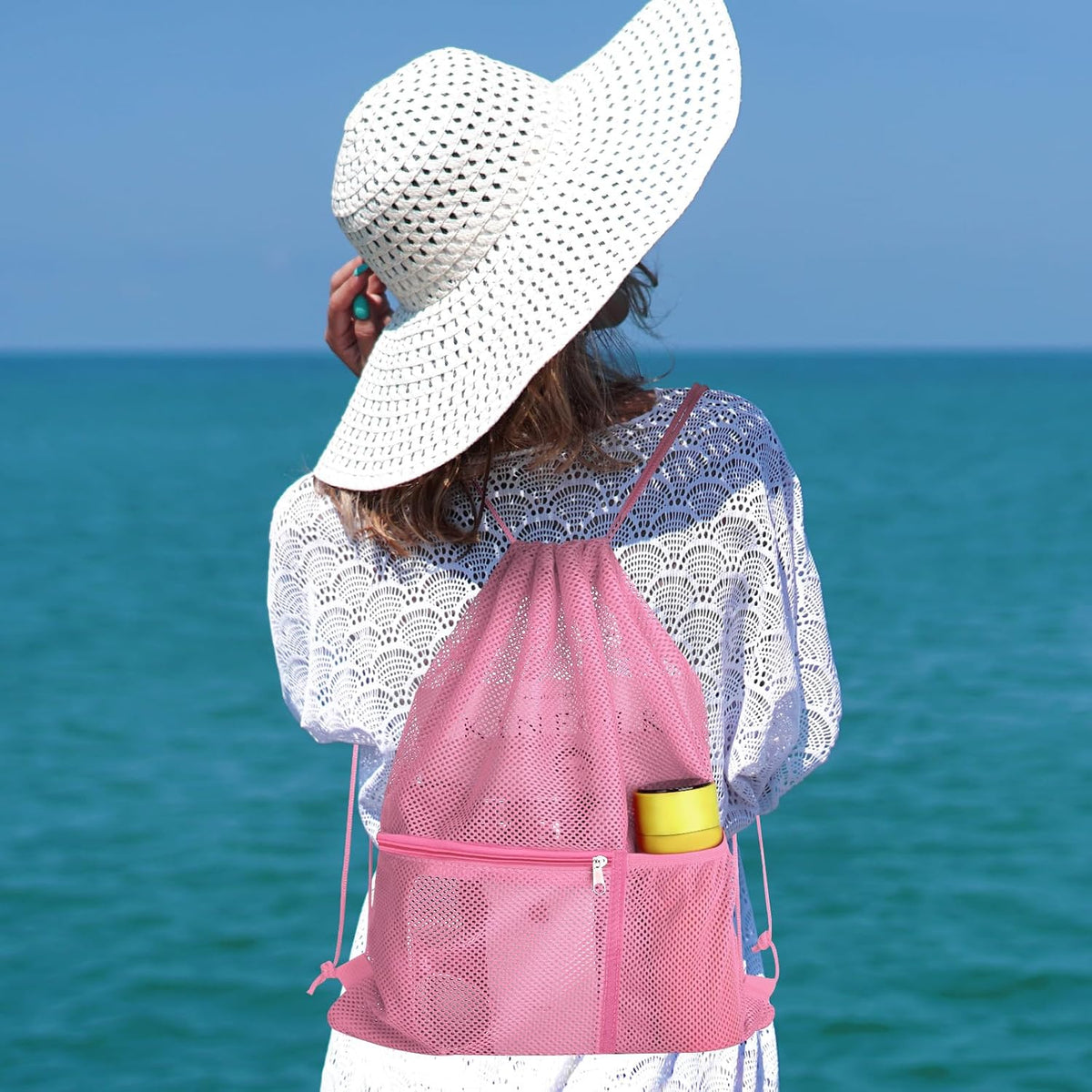 2 PACK Mesh Drawstring Backpack Bag, Multifunction Mesh Bag for Swimming, Athletic Gym, Clothes, Beach, Swim (Pink)