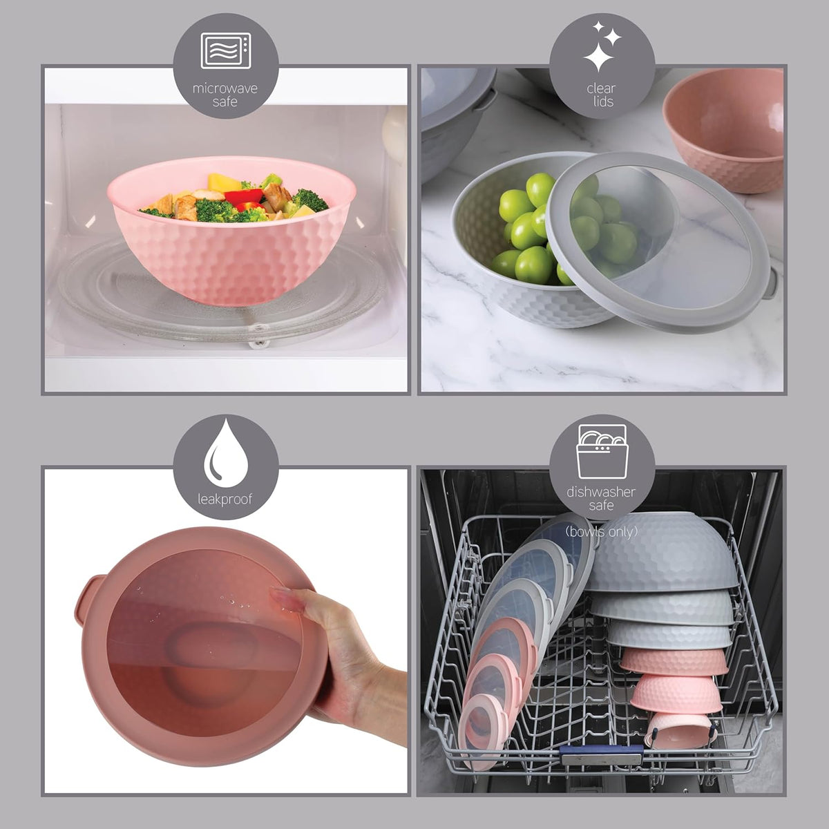 Mixing Bowls with Lids - 12 Piece Plastic Nesting Bowls Set includes 6 Prep Bowls and 6 Lids, Microwave Safe Mixing Bowl Set, Pink Embossed