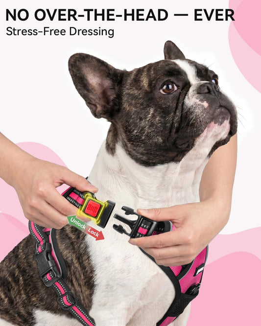 Joytale No Pull Dog Harness and Car Seat Belt Set, Padded 3-Buckle Easy On for Large Dogs, Reflective Vest with Front Clip & Control Handle for Stress-Free Walks & Safe Travel, Hot Pink, L
