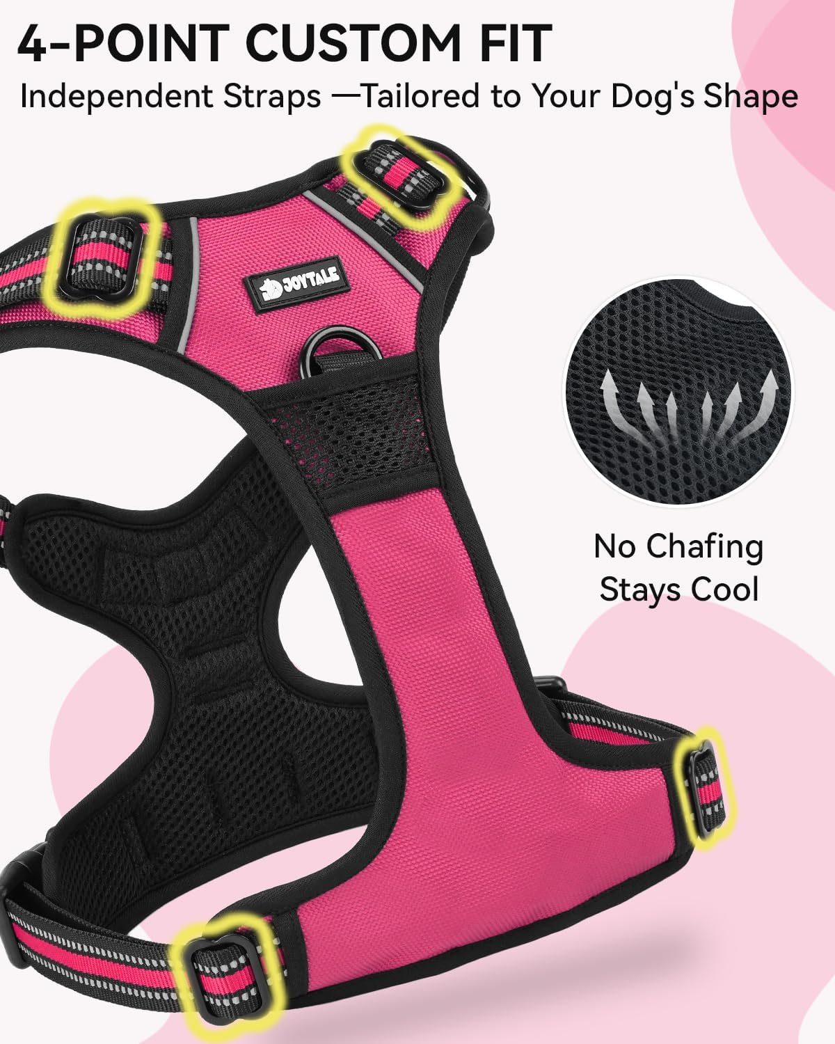 Joytale No Pull Dog Harness and Car Seat Belt Set, Padded 3-Buckle Easy On for Large Dogs, Reflective Vest with Front Clip & Control Handle for Stress-Free Walks & Safe Travel, Hot Pink, L