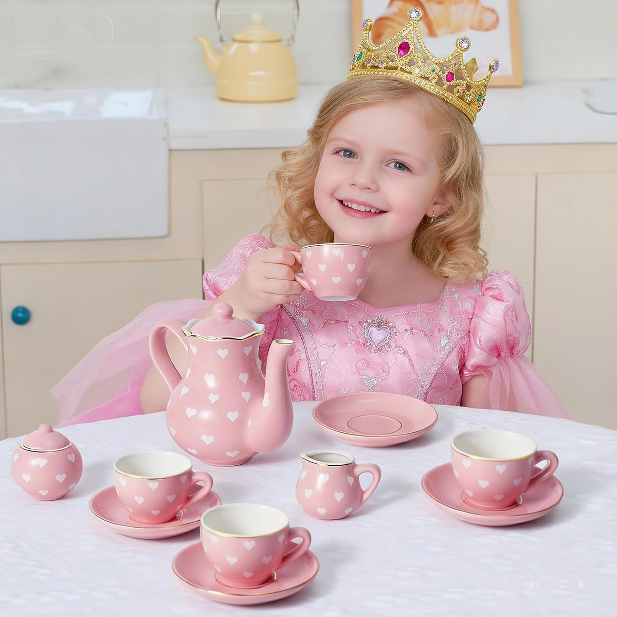 TUZT Tea Party Set for Little Girls Ages 3-8, Pink Heart Porcelain Tea Set with Gold Trim Edges, Princess Tea Time Toy Includes Pot & Cups & Saucers & Suitcase, Birthday Gifts for Toddlers Girls