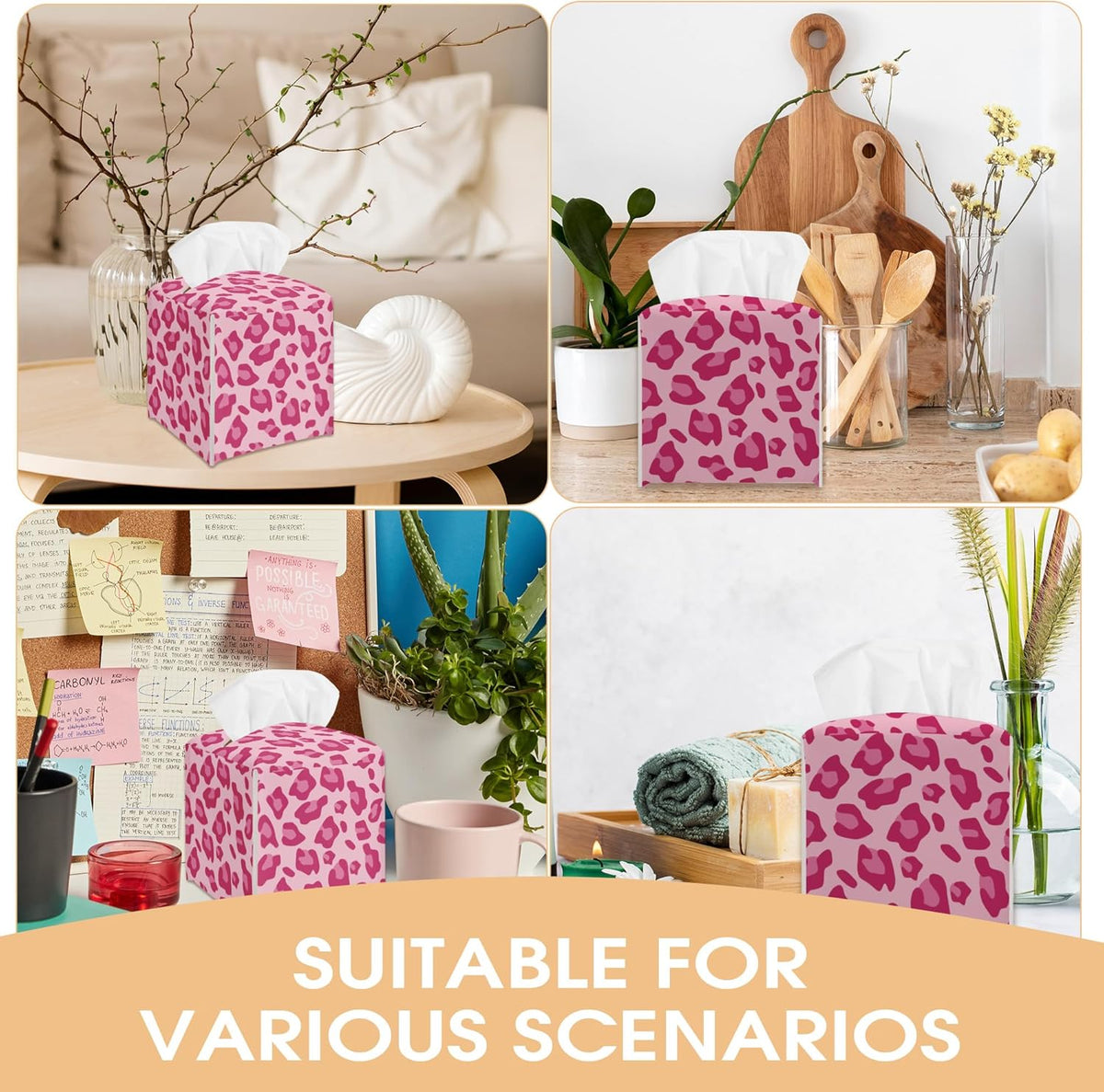 Leopard Print Tissue Box Cover Holder, Pink Decorative Tissue Box Cover Square, Housewarming Gift Ideas for Family Friends, Home Bathroom Office Car Decor-(5.2 Inches) A16