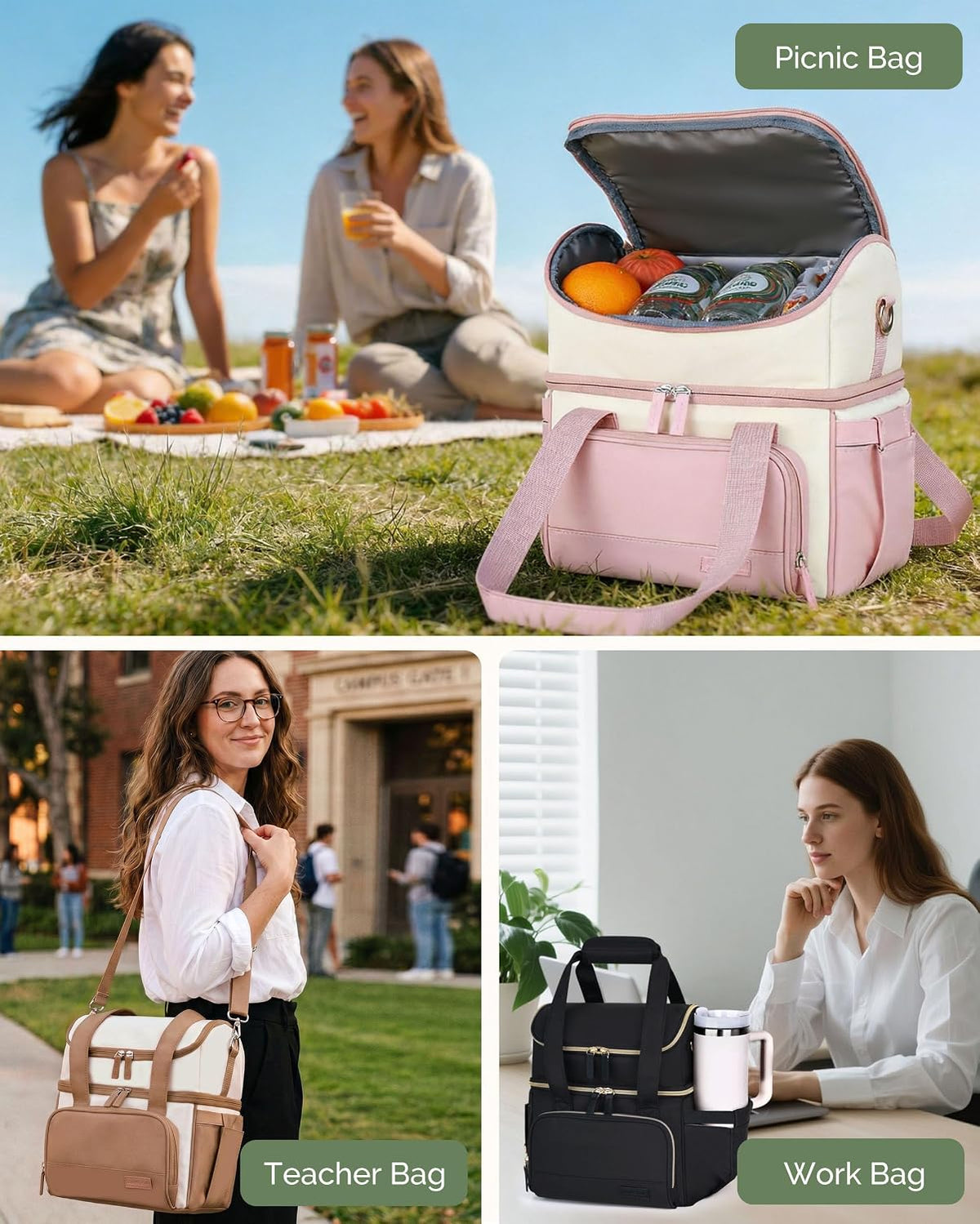 Double Layer Insulated Lunch Bag with Shoulder Strap, 12L, Pink