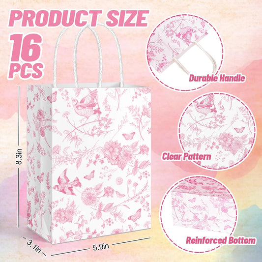 16 Pcs Floral Paper Gift Bags Pink White Flower Bird Party Favor Bag with Handle Chinoiserie Hydrangea Branches Goodie Candy Treat Bags for Wedding Birthday Anniversary Bridal Shower