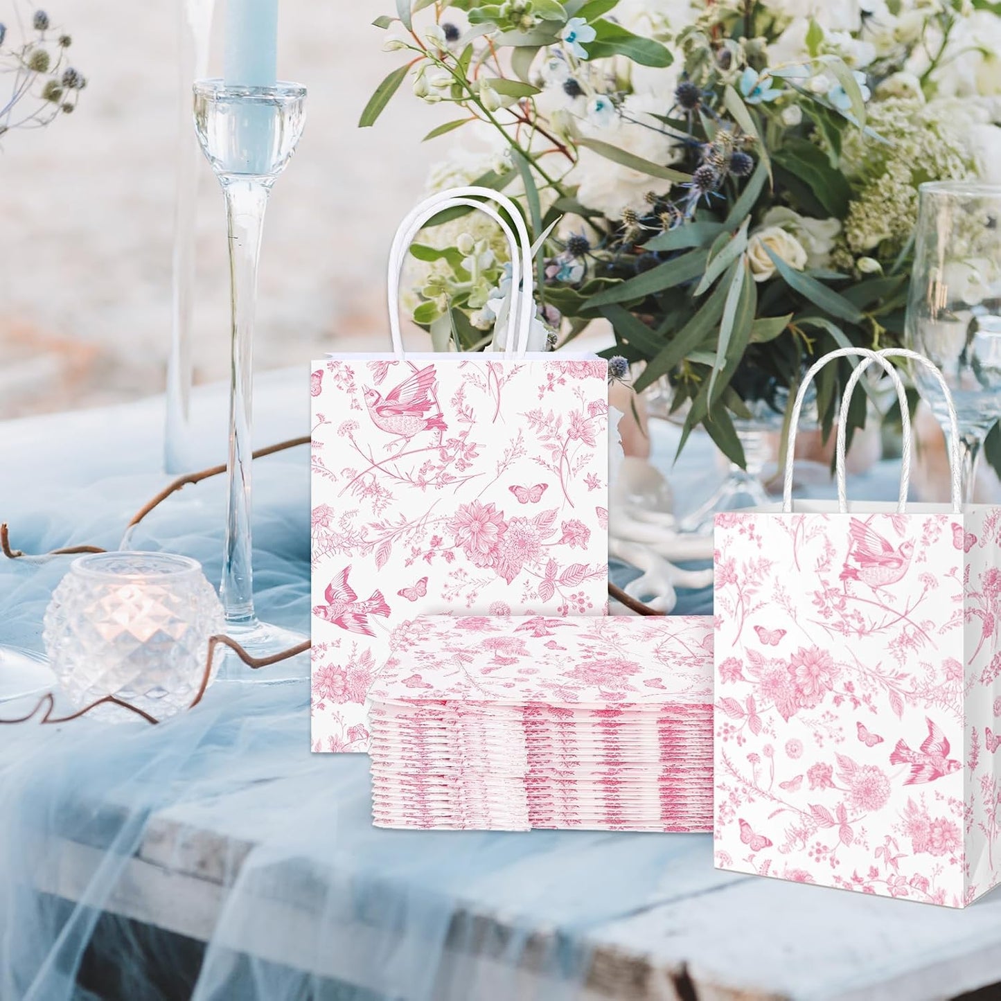 16 Pcs Floral Paper Gift Bags Pink White Flower Bird Party Favor Bag with Handle Chinoiserie Hydrangea Branches Goodie Candy Treat Bags for Wedding Birthday Anniversary Bridal Shower