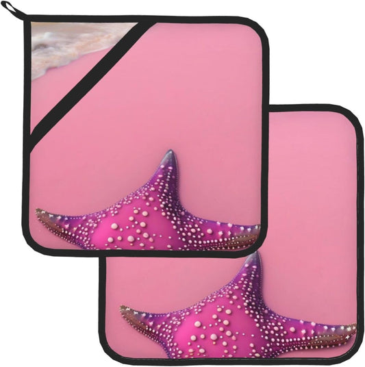 8 * 8 Inch Washable Pot Holder Set, Cooking Oven Grill Mat Accessories, Pink Sand Beach Heat Resistant Pot Holder Set of 2