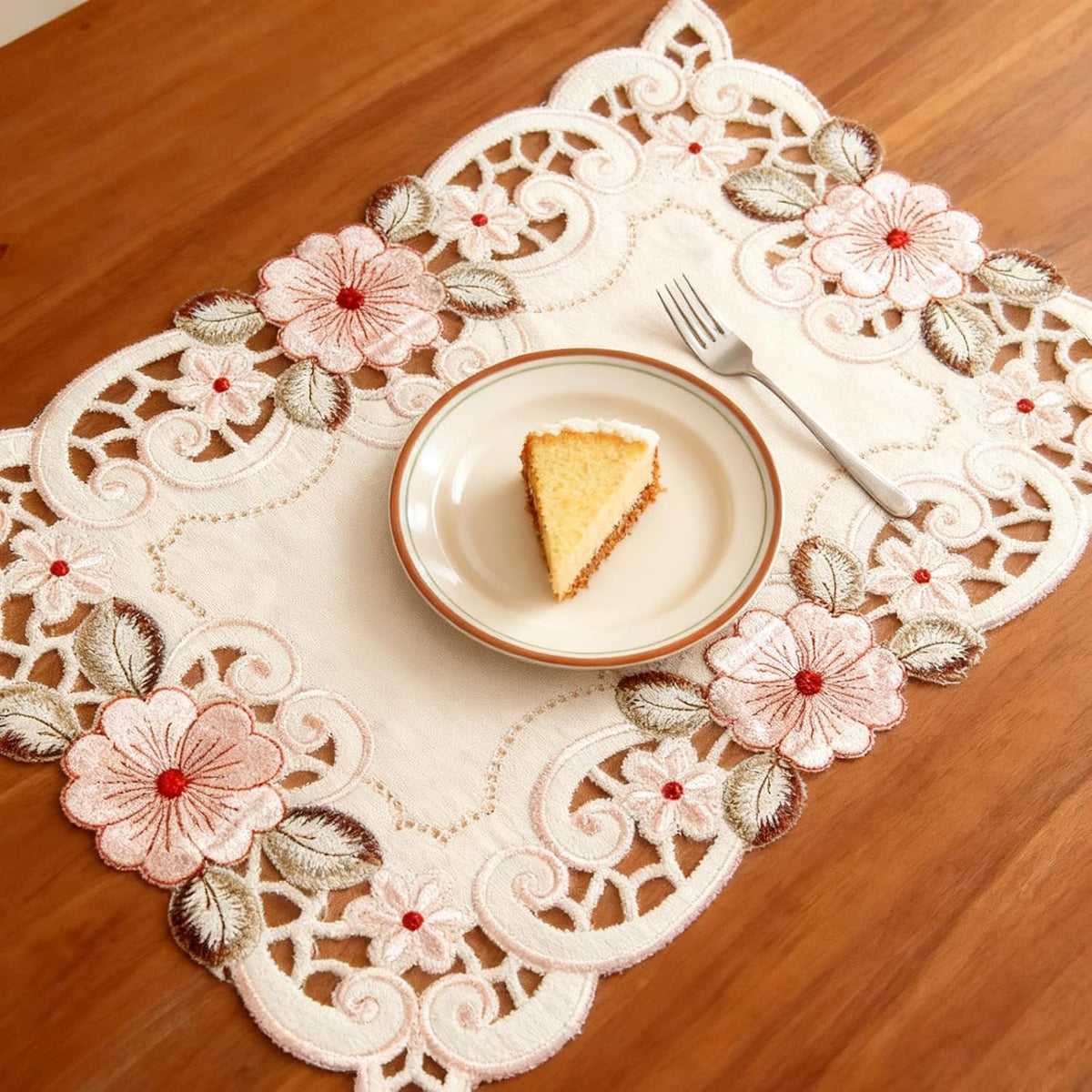 Embroidery Pink Flower Placemats Set of 4, 17" X 11" Rectangular Classic Lace Beige Lunchmat Place Mats Home Decoration Party Kitchen Dining Restaurant Table Mats
