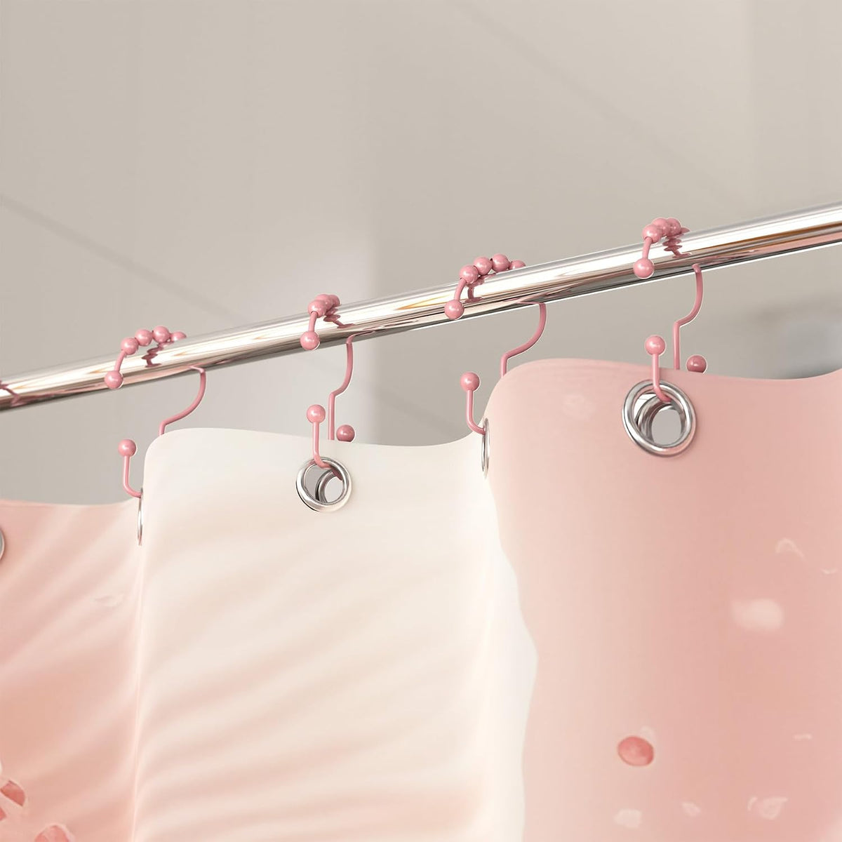 Shower Curtain Hooks Rings, Rust-Resistant Metal Double Glide Shower Hooks for Bathroom Shower Rods Curtains, Set of 12 Hooks - Light Pink