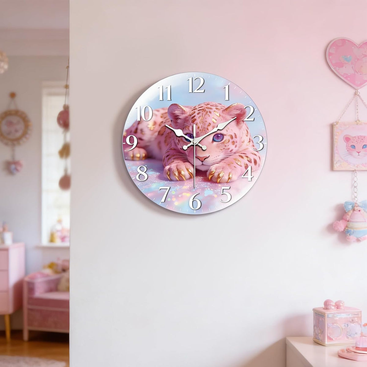 Pink Leopard Wall Clocks Battery Operated, 12" Round Clock