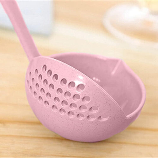 1 Pack 2 in 1 Kitchen Soup Ladle, Plastic Skillet Colander with Strainer, for Home, Hotel, Restaurant, Coffee Shop and More (Pink)
