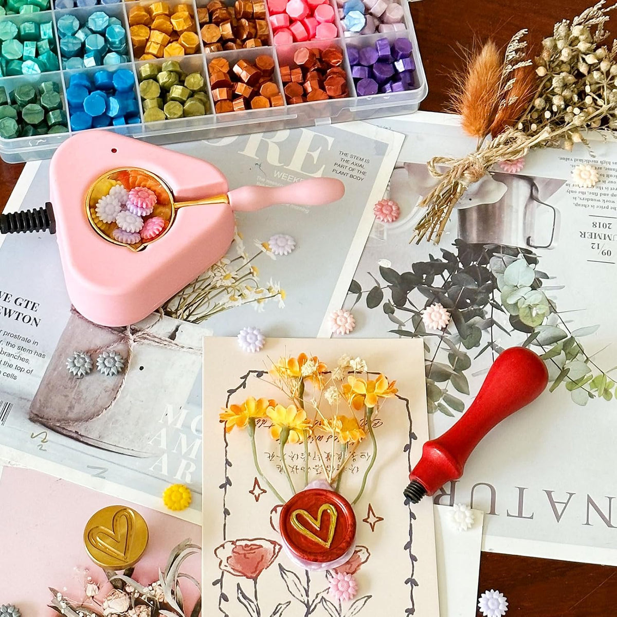 Electric Wax Seal Warmer Kit - Complete Set with Heart Stamp, 600 Wax Beads, 10 Envelopes & 2 Pens - Perfect for Wedding Invitations & DIY Letters (001Pink)