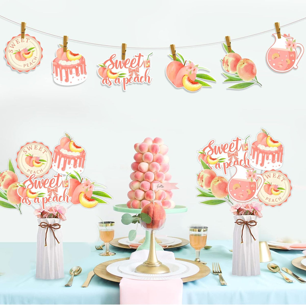 Peach Baby Shower Decorations, 24pcs Sweet As a Peach Table Centerpiece Sticks Double-Sided Printing for Fruits Baby Shower Birthday Party Wedding Table Supplies