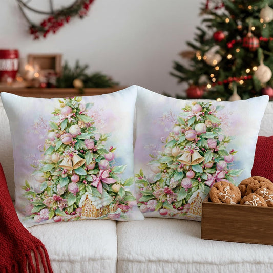 Christmas Tree Throw Pillow Covers, Festive Traditional Ornaments Flowers Xmas Peach Soft Velvet Washable Cover Decorative Pillows for Living Room Bed Office Sofa Chair Decor 20x20 Inch