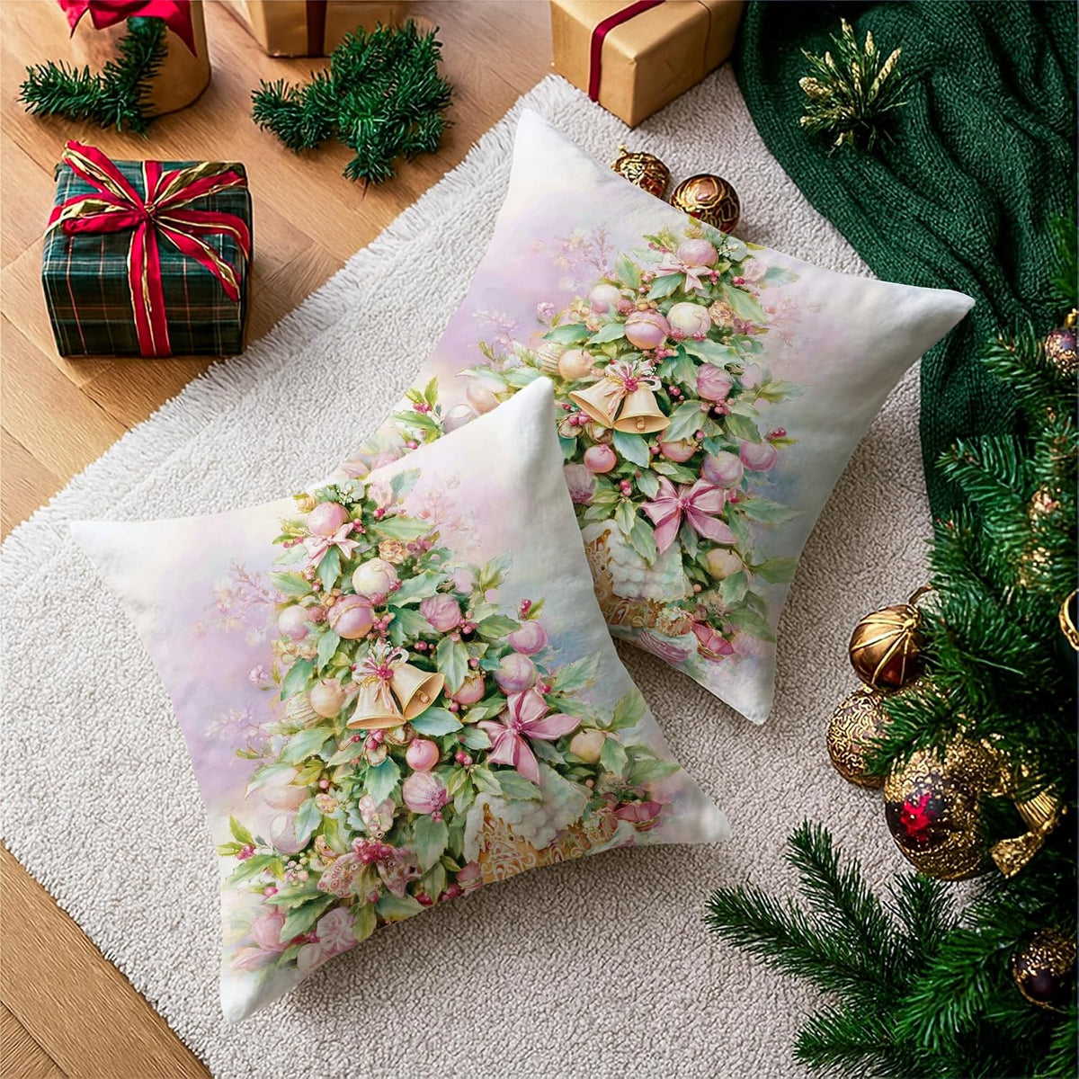 Christmas Tree Throw Pillow Covers, Festive Traditional Ornaments Flowers Xmas Peach Soft Velvet Washable Cover Decorative Pillows for Living Room Bed Office Sofa Chair Decor 20x20 Inch