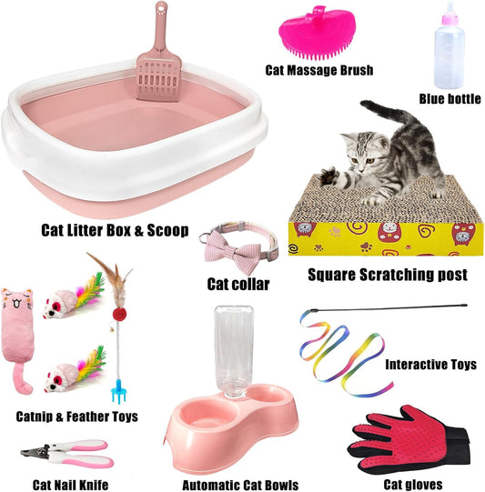 Kitten Starter Kit, 15-Piece Cat Essentials Set Includes Litter Box, Toys, Collars, Scratch Pad, Nail File, Automatic Feed Bowls, Grooming Gloves (Pink)