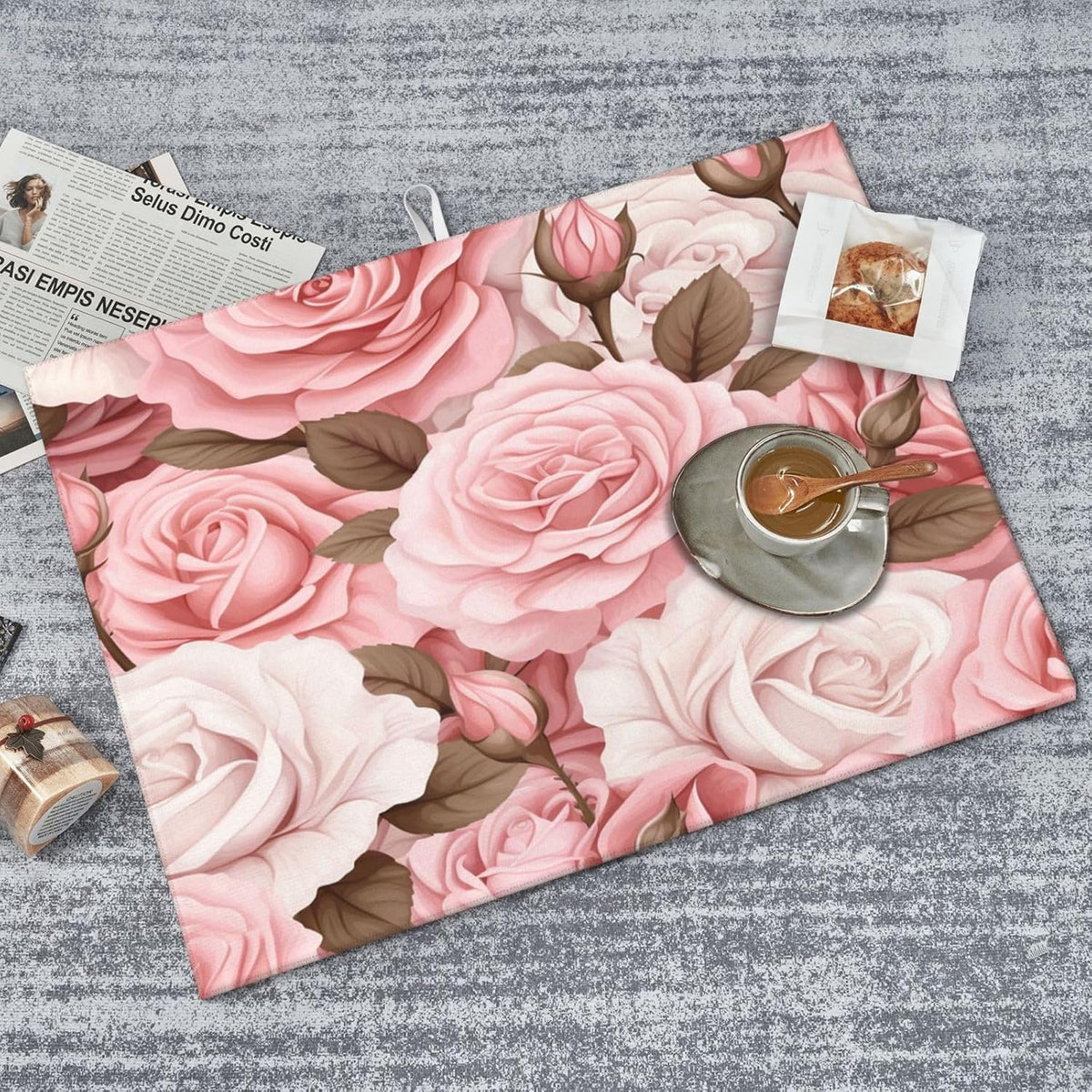 Dish Drying Mat Pink Rose Floral Flower Absorbent Dish Drying Mats for Kitchen Counter Non Slip Dish Drainer Mat Drying Mat, 18x24 in