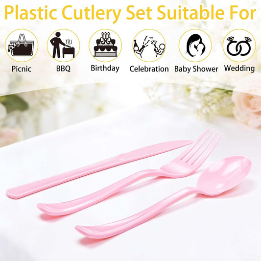 150 Pcs Light Pink Plastic Cutlery Set Disposable Pink Heavy Duty Plastic Knives Forks and Spoons Silverware Utensils Set for 50 Guests Birthday Wedding Party Disposable Flatware Sets