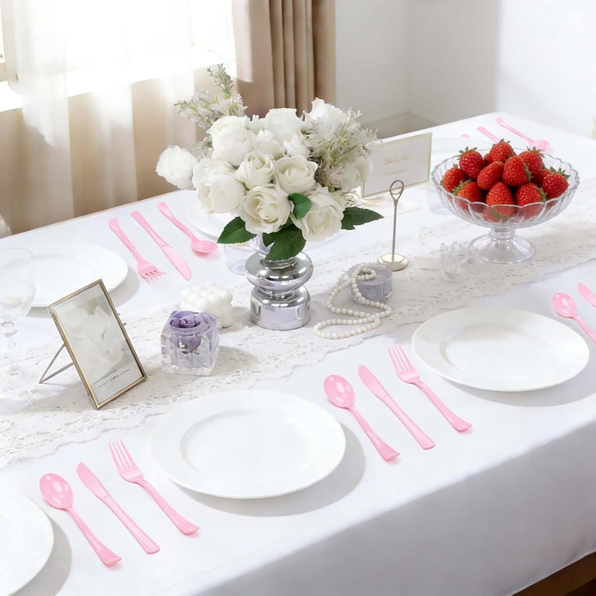 150 Pcs Light Pink Plastic Cutlery Set Disposable Pink Heavy Duty Plastic Knives Forks and Spoons Silverware Utensils Set for 50 Guests Birthday Wedding Party Disposable Flatware Sets
