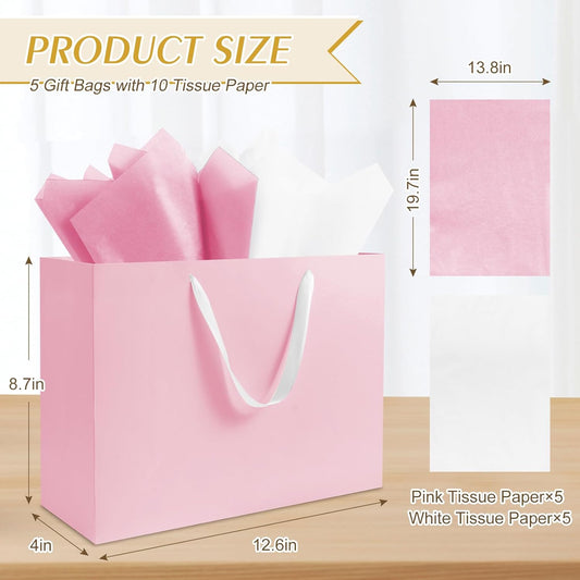 5 Pack Large Pink Gift Bags with Handles, 12.6x8.7x4 Inches - Includes 10 Tissue Papers for Birthday, Wedding, Shopping Business, Thanksgiving, Christmas&Holiday (Pink Large-5 Pcs)