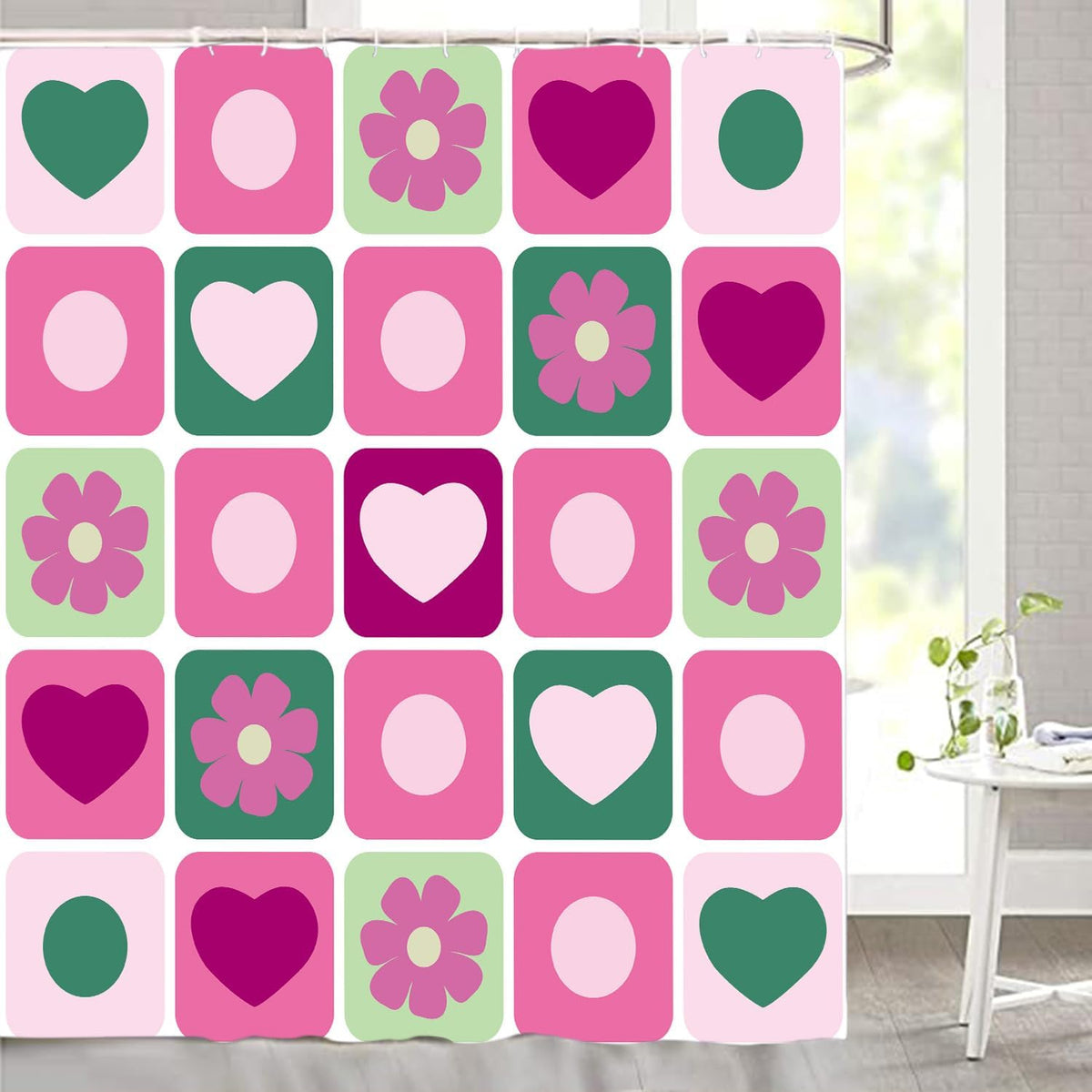 Checkered Shower Curtain Retro Abstract Geometric Boho Pink Flower Shower Curtain for Bathroom Decor Waterproof Fabric with Hook 72X72 Inch