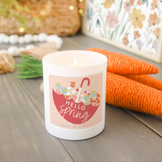 Hello Spring Peach Scented Soy Candle, 11 oz Floral Spring Candle, Premium Hand Poured Soy Wax, Seasonal Home Decor, Easter, Mother's Day & Housewarming Gift, Made in USA