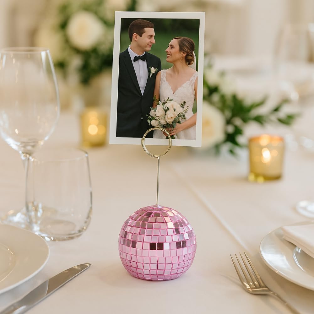Concepts Disco Ball Photo Holder Mirrored Card Stand with Clip for Party Wedding Table Number Place Cards Event Centerpiece Home and Office Desk Decor