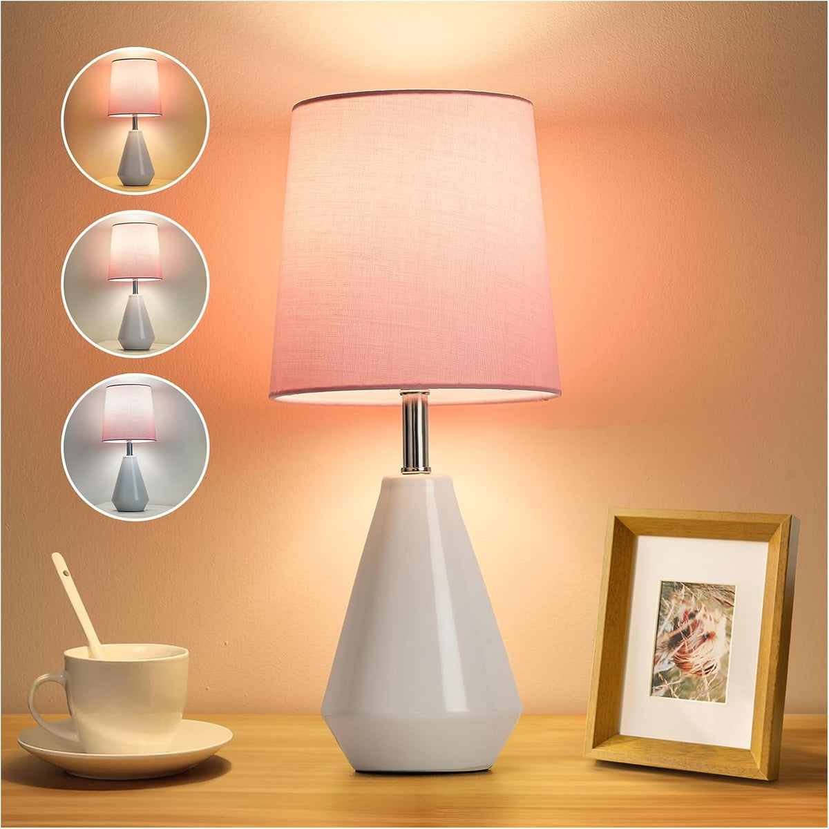 Small Bedside Table Lamp for Bedroom - Reading Desk Lamp with 3 Color Temperatures,15.5" Nightstand Ceramic Lamp with Fabric Shade for Kids Room,Living Room,Dorm,Home Office (White+Pink