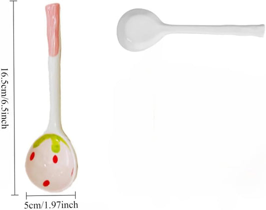 (6 Pieces) Pink Ceramic Spoon Cute Cartoon 6.5 Inch Strawberry Long Handle Home Dessert Coffee (Pink)