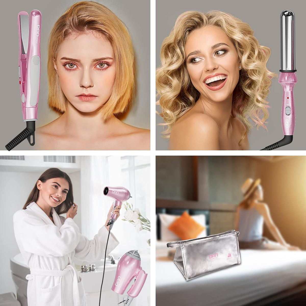 Hair Styling Set, Including Travel Hair Dryer, Mini Flat Iron, and Travel Curling Iron with European Plug, Dual Voltage, Portable Storage Bag, Pink