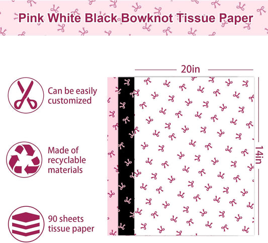 90 Sheets Bow Tissue Paper Pink White Black Coquette Cute Bowknot Art Tissue Wrapping Paper for Girl Birthday Bachelorette Bridal Shower Party DIY Craft Gift Packing, 14 x 20 Inch