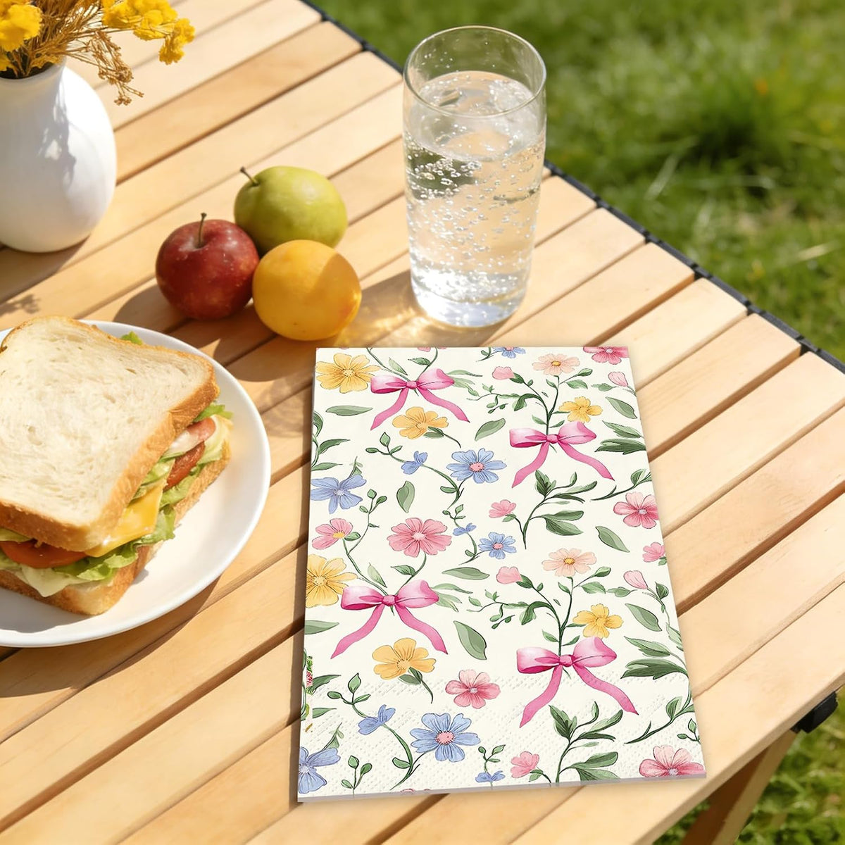 50Pcs Wildflower Guest Napkins Pink Bow Flower Disposable Hand Towels Colorful Floral Napkins for Birthday Wedding Bridal Shower Bathroom Kitchen