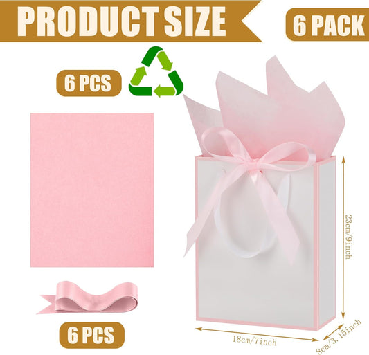 6 Pcs Thank You Gift Bags with Handles and Tissue Paper 9 x 7 x 3. 15'' Elegant Welcome Gift Bags with Bow Ribbon for Wedding Bridesmaid Baby Shower Housewarming Birthday Party(White, Pink)