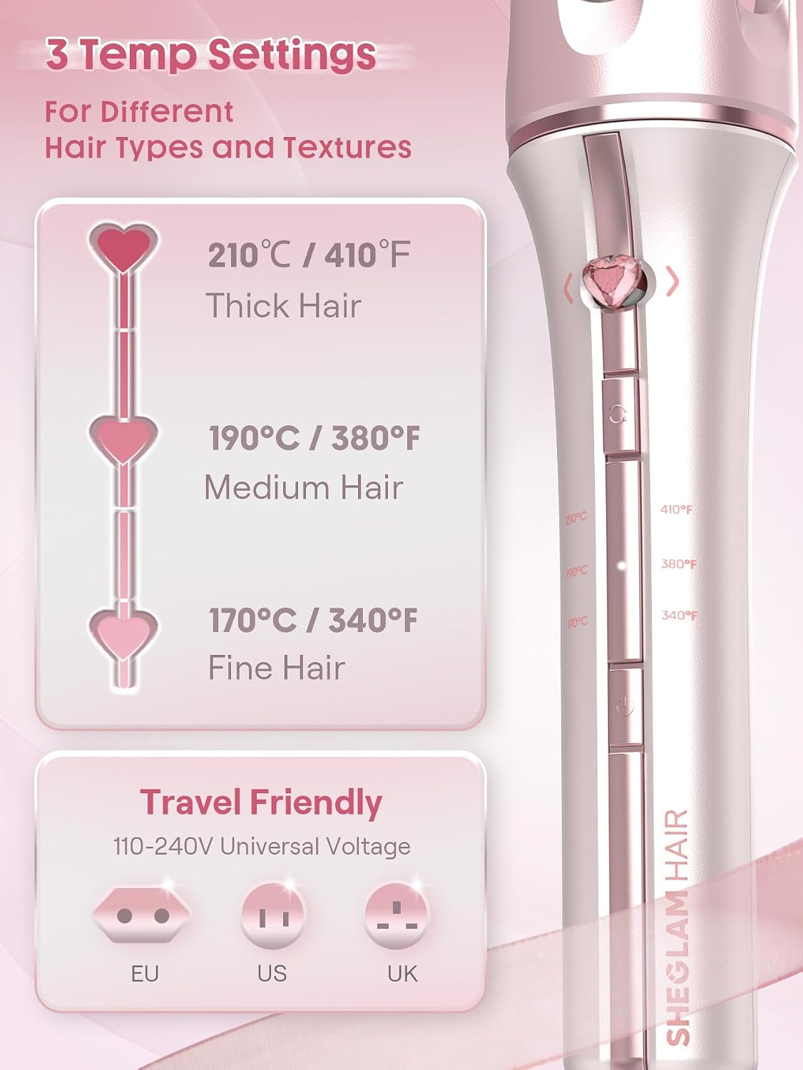 Pink Curling Iron Automatic Gift for Woman (Pink, 0.75 inch) Cupid's Charm One-Touch Instant Curler
