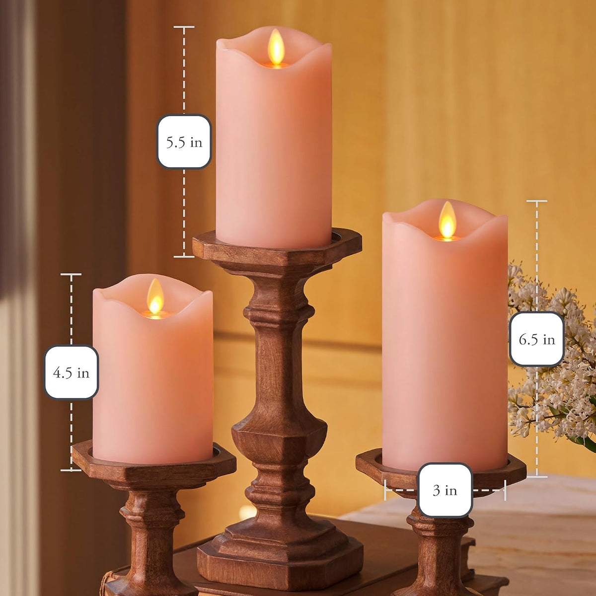 . Flameless LED Battery Operated Flickering Pillar Candles - Pastel Pink - Set of 3 - Indoor Outdoor Decor Safe