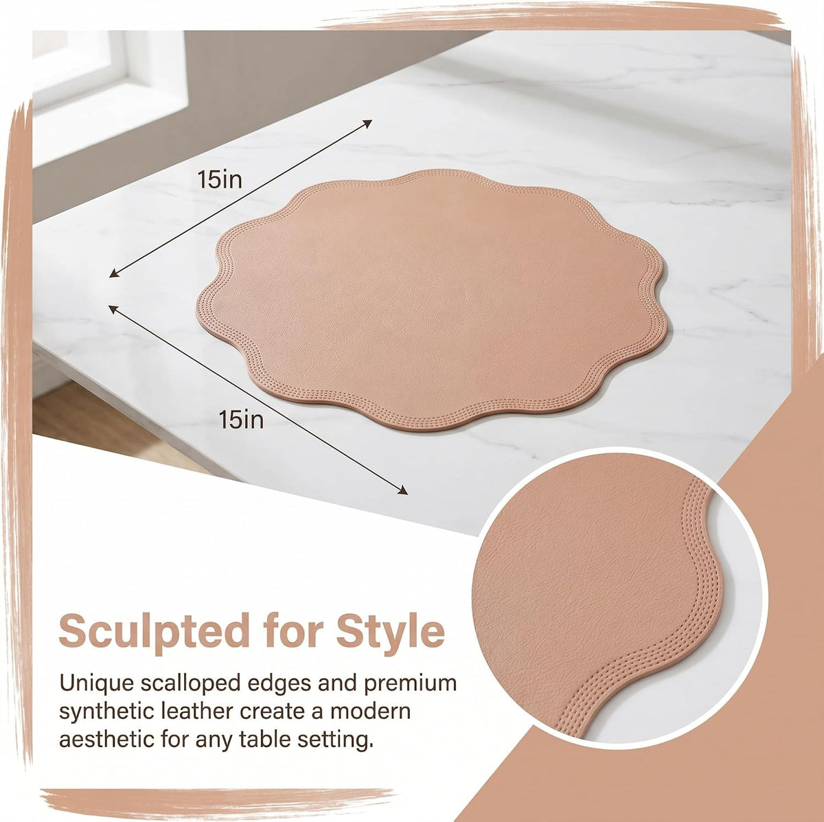 Placemat Set of 6 Faux Leather Placemats for Kitchen Dining Table Decor, Washable Table Placemats Wipeable Table Mat 15x15in Pink