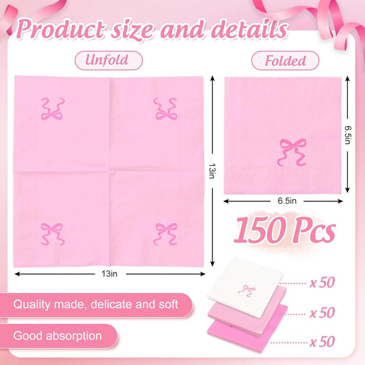 JarThenaAMCS 150 Pcs Pink Bow Paper Napkins Cute Bowknot Disposable Luncheon Napkins White Pink Dinner Hand Napkin for Wedding Birthday Party Table Supplies