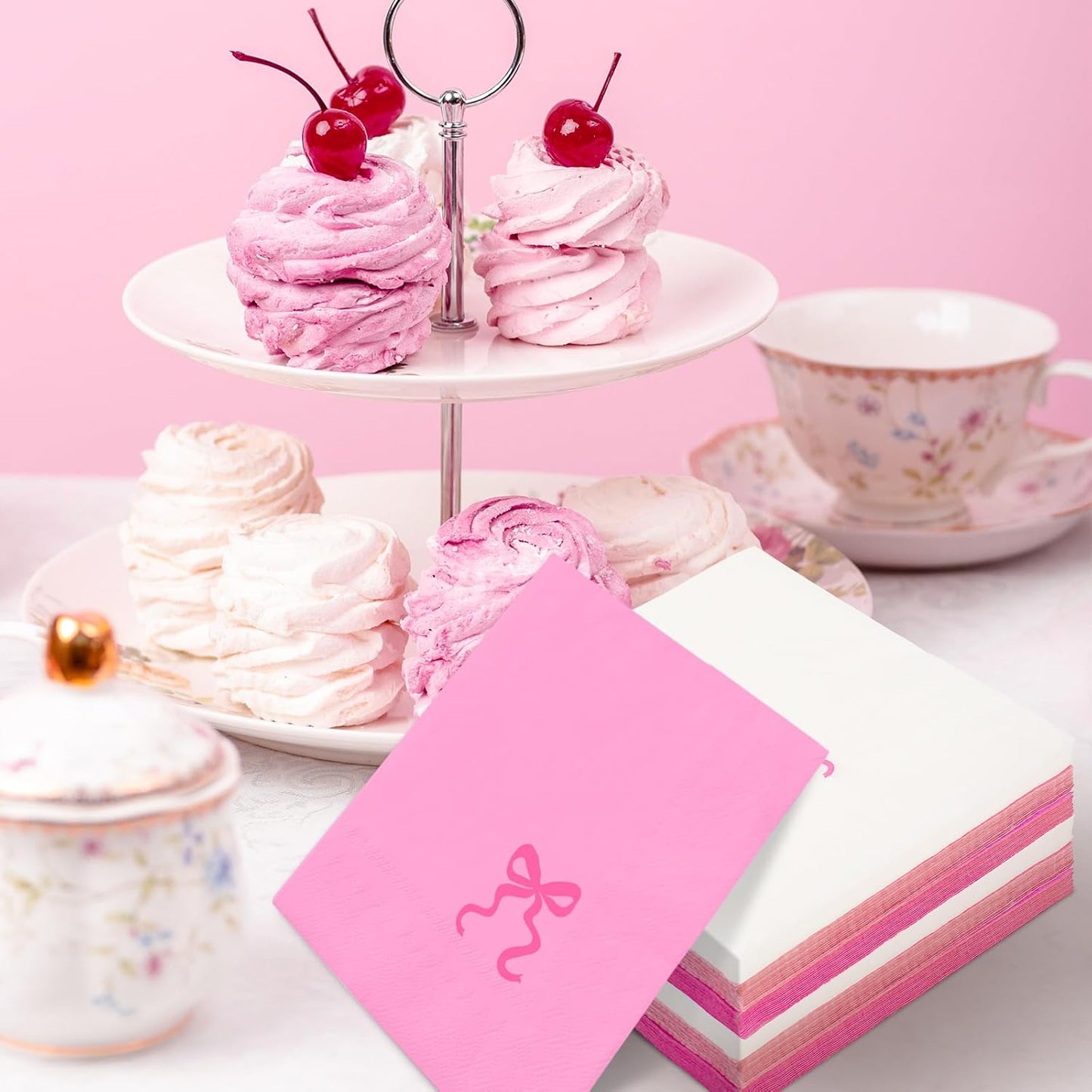JarThenaAMCS 150 Pcs Pink Bow Paper Napkins Cute Bowknot Disposable Luncheon Napkins White Pink Dinner Hand Napkin for Wedding Birthday Party Table Supplies
