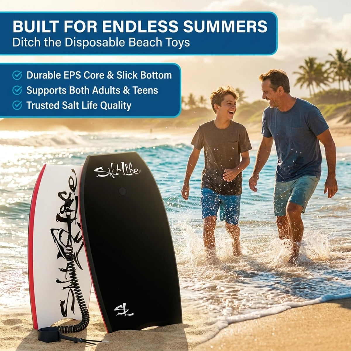 Boogie Board Bodyboard, EPS Core, HDPE Slick Bottom, Leash