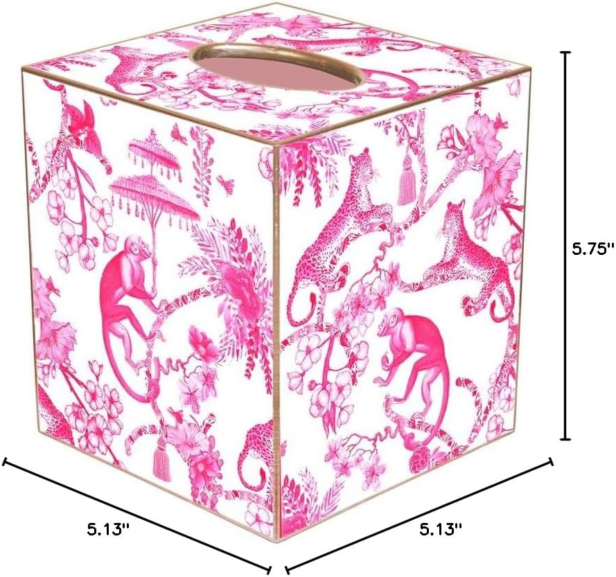 Chic Monkey Toile Pink Paper Mache Tissue Box Cover, Handmade in the USA